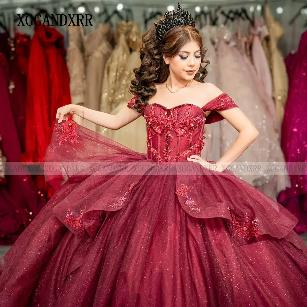 Customized Burgundy Princess Ball Gown Quinceanera Dress Layers Long Train Mexico Vestidos De XV Años 3D Floral Sweet 16 Dress