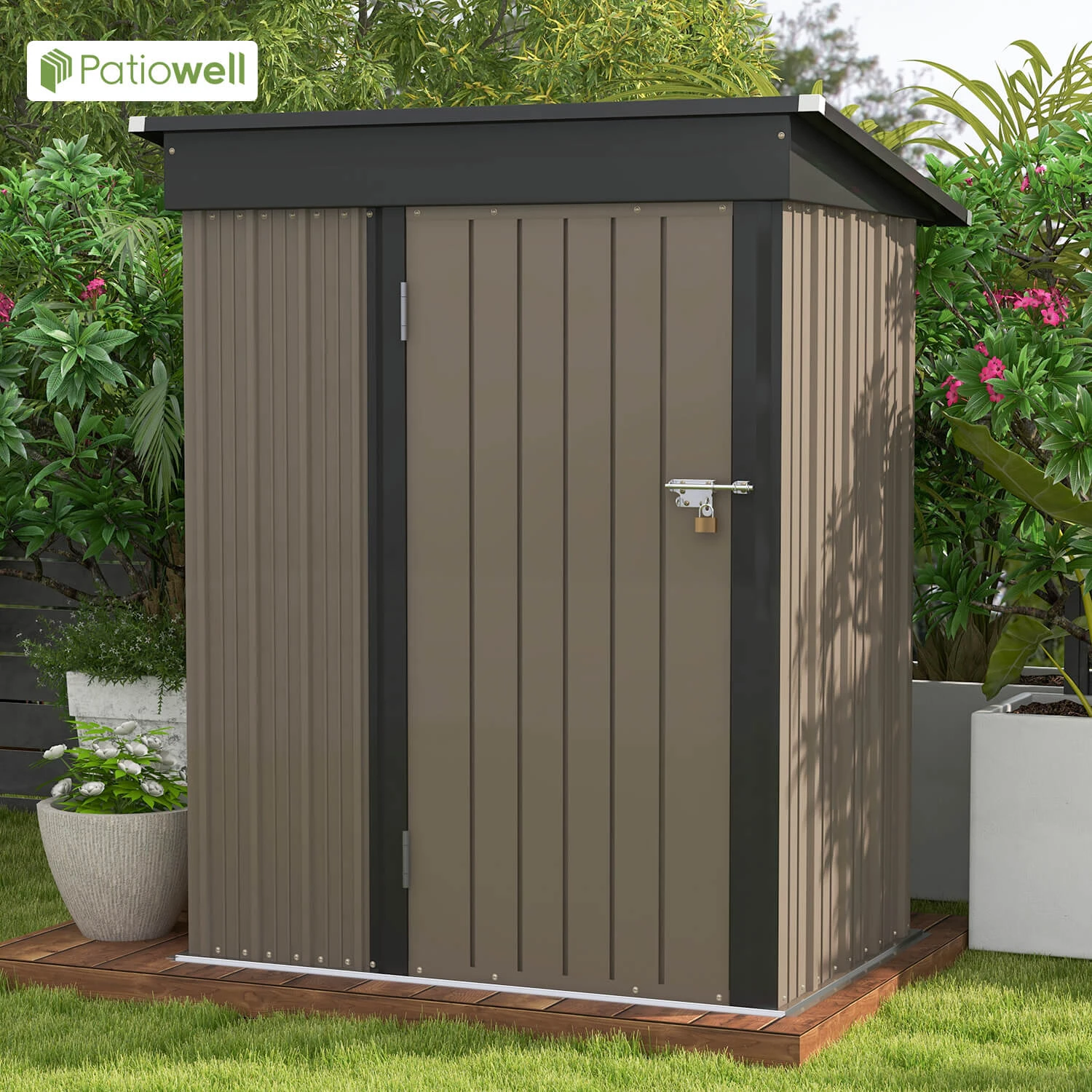 Patiowell 5x3 FT Outdoor Storage Shed, Tool Shed with Sloping Roof and Lockable Door, Metal Shed for Backyard Garden Patio Lawn