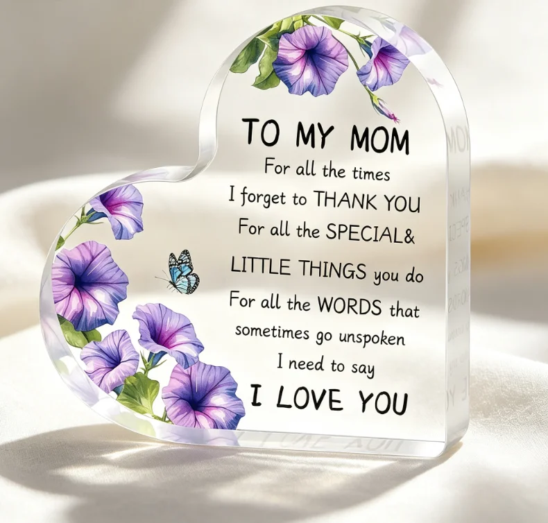Heart‑Shaped Acrylic Plaque, To My Mom Thankful Love Quote Purple Morning Glory & Butterfly Desktop Ornament, Sentimental Keepsake Gift for Mother’s Day Birthday Home Table Decor