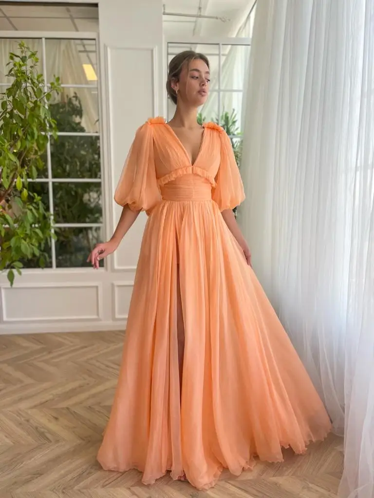 

V Neck Tulle Long Prom Dress For Women Puffy Sleeves Evening Formal Dress A Line Party Gown For Graduation Homecoming Wedding