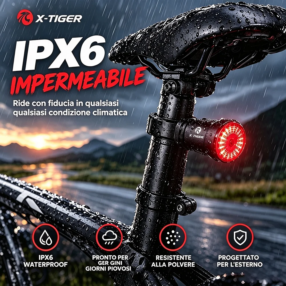Fanale posteriore a LED intelligente X-Tiger per bicicletta, fanale posteriore per bicicletta ricaricabile tramite USB, fanale posteriore impermeabile IPX6 con sensore di frenata, 6 modalità di