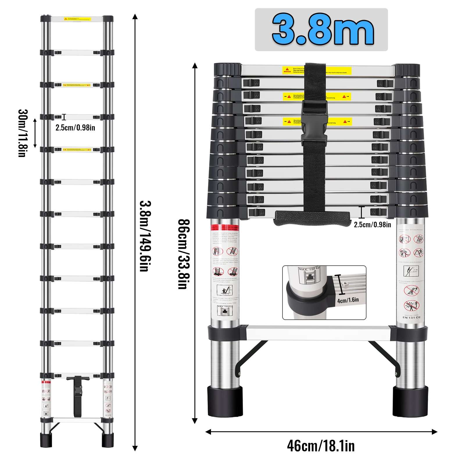 Roestvrijstalen telescopische uitschuifladder, draagvermogen 150 kg, hoogteverstelbaar in stappen van 30 cm, 4 maten 2,6-4,4 m, antislip & stabiel voor huishoudelijk onderhoud en raamreiniging in