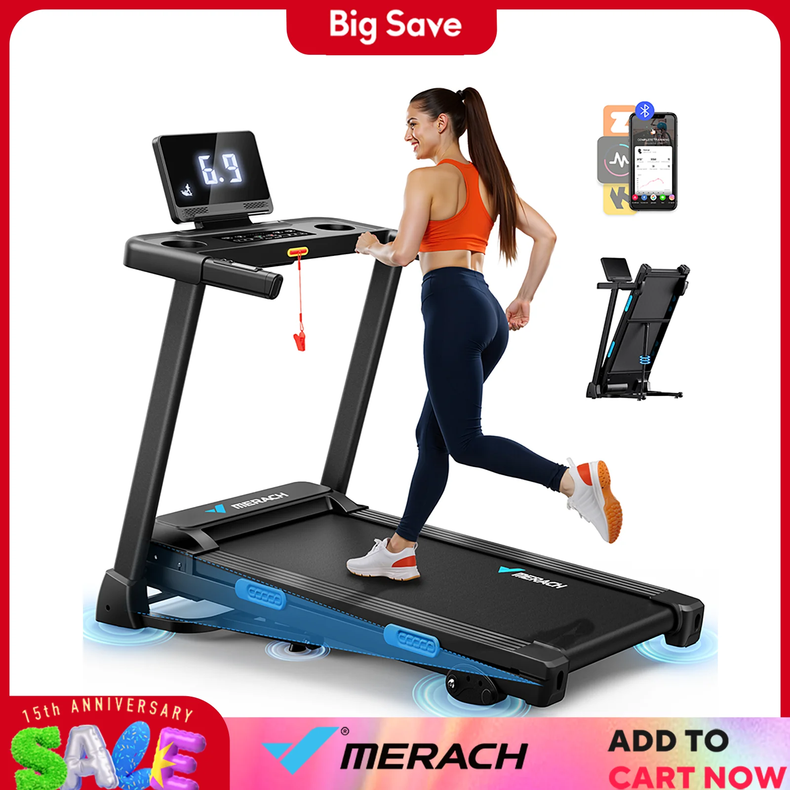 Estación de correr plegable MERACH T12B1, cintas de correr silenciosas inclinadas, tecnología de doble cubierta, 4 cojines de silicona, monitoreo del ritmo cardíaco