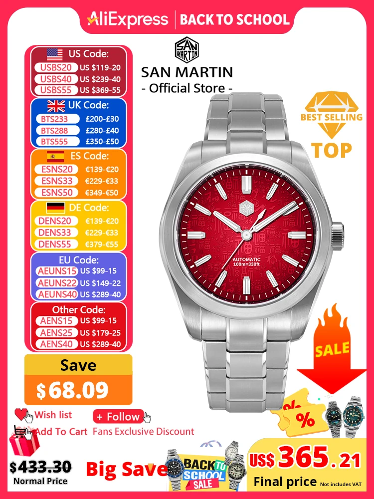 San Martin 39mm estilo chino 3D "Fu" cien bendiciones Dial Miyota 9039 hombres reloj mecánico automático diseño Original SN0144