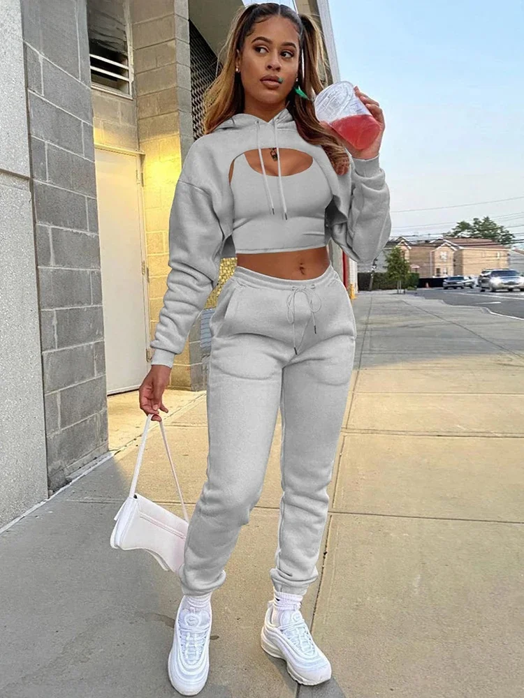 Dres 3-częściowe zestawy spodni dla kobiet Aksamitna bluza z kapturem Crop Tops+kamizelka+spodnie dresowe Dopasowany garnitur Sport Jogger Zimowe stroje jesienne — zdjęcie 2