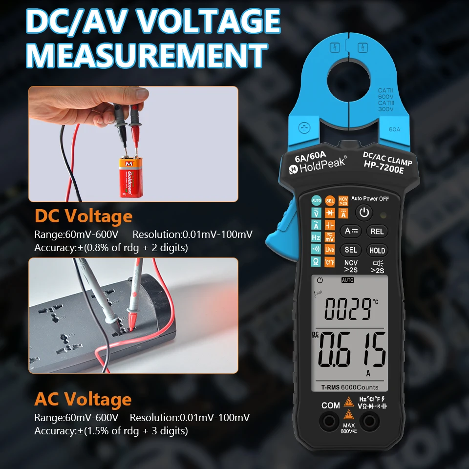 HOLDPEAK HP-7200E DC/AC Digital Clamp Meter,True-RMS Auto-Range,6000 Counts LCD Display, NCV ,Capacitance & Frequency Diode Test