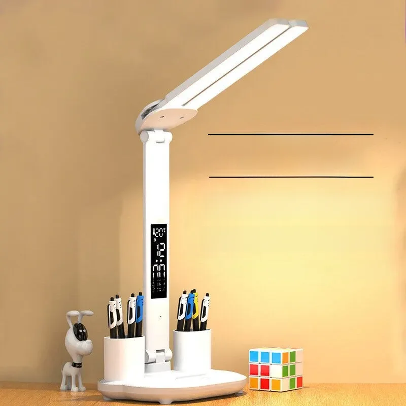 Lampe de Table LED rechargeable par USB, horloge à intensité variable, 2 têtes, rotation à 180 degrés, pliable, Protection des yeux, veilleuse de lecture