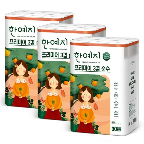한예지 프리미어 3겹 순수 천연펄프 화장지 30m 30롤 2팩