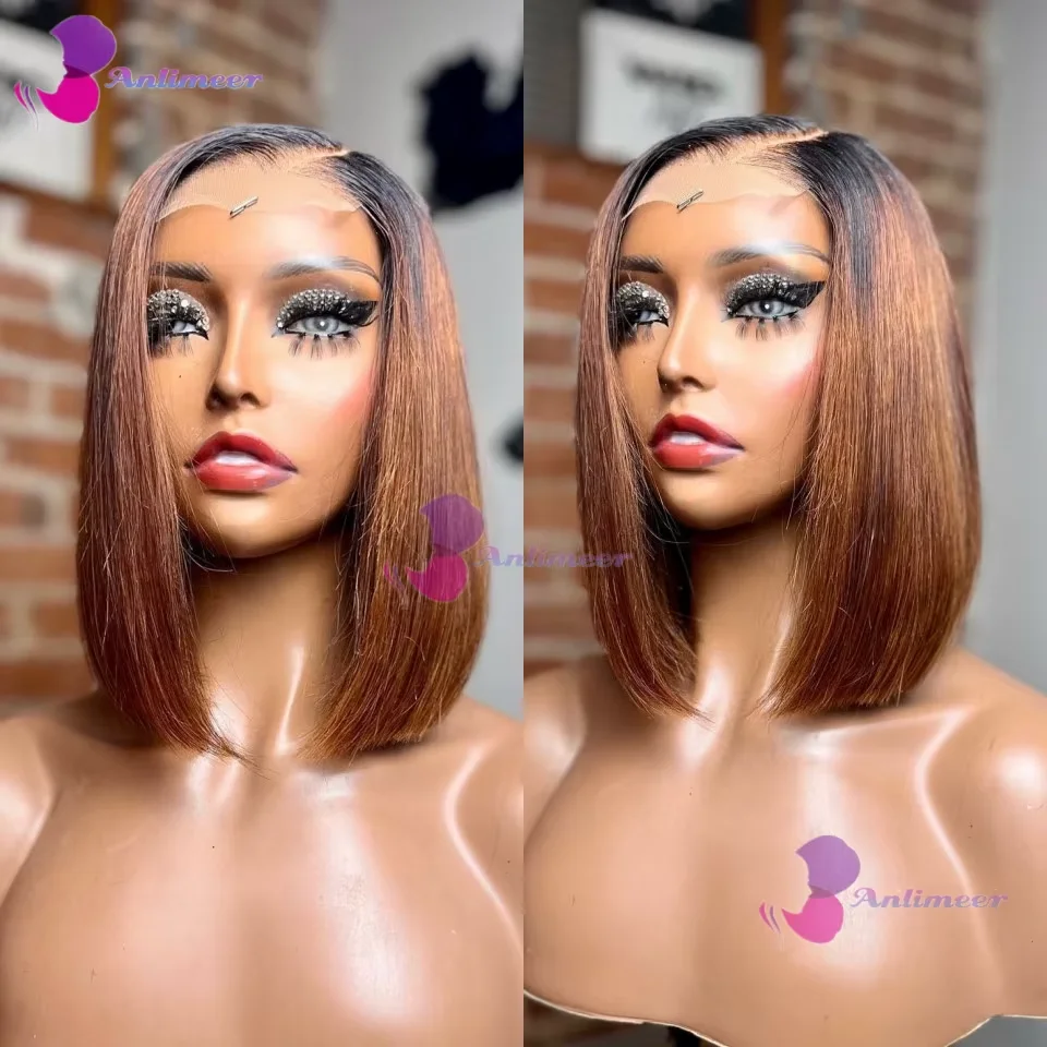 Side Part #1b/30 Short Bob Human Hair Silk Top Wigs Bleached Knots Pre Plucked 13x6/360 Lace Frontal Bob Wigs Pre Plucked Hair