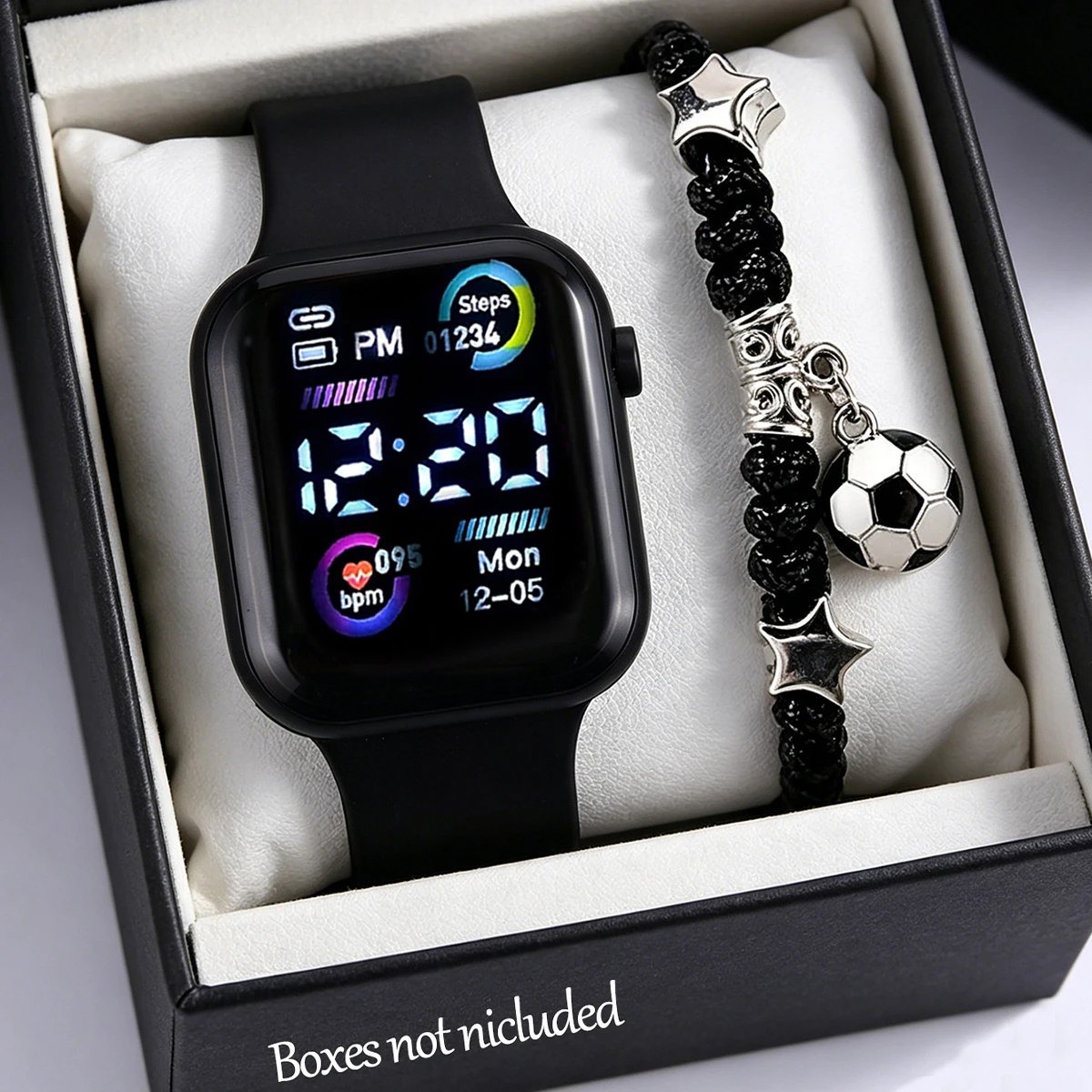 2-Piece Set, Boys' Led Digital Electronic Watch with Football Bracelet, Casual and Stylish, Versatile for Everyday Wear, a Nice Holiday or Birthday Gift.