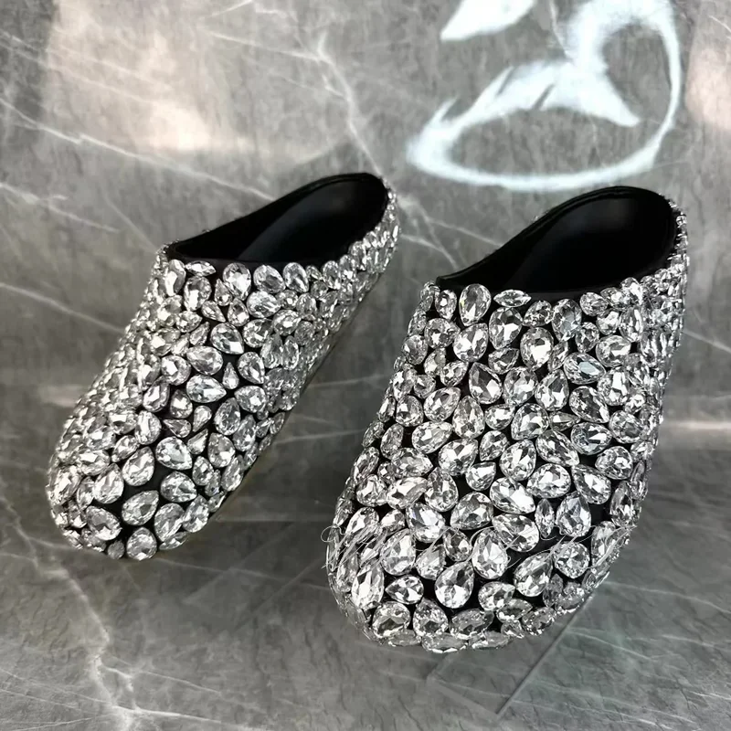 Silber große Diamant runde Zehen flache Pantoffel Frauen bling Abdeckung Panto letten schwarze