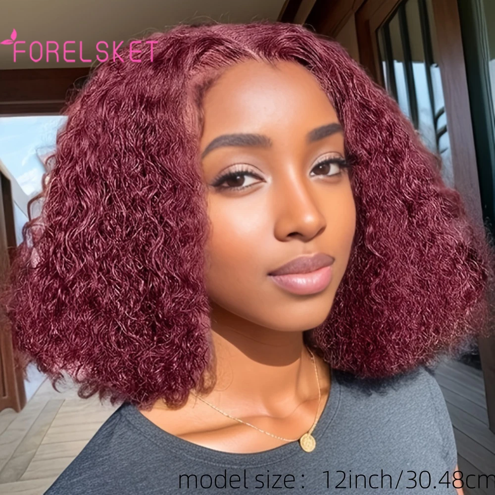 100% Human Hair 13x4 Short Curly High Definition Front Lace Bob Wig Cap 150% Density, Highlight Colors，Ginger Orange, Wine Red