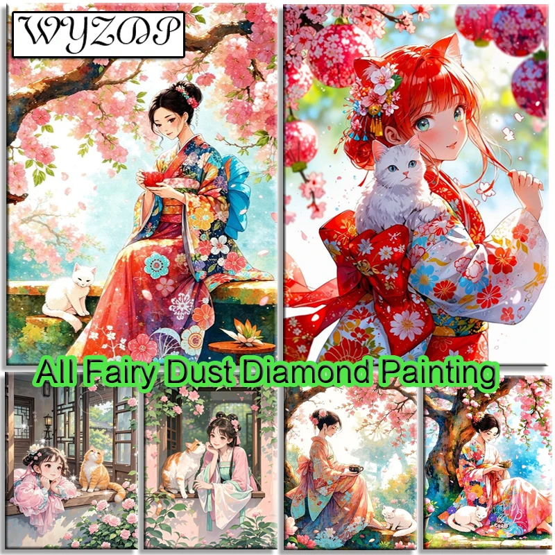 

WYZDP 100% сказочная пыль, алмазная живопись, японская женщина и кошка, квадратная мозаика, вышивка, настенное искусство, алмазное искусство, полный хрустальный декор