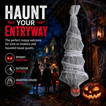 Scary Halloween Hanging Upside‑Down Zombie Mummy Decor, Electric Animated Prop with Red Light‑Up Eyes, Spooky Ornament for Garden Yard Haunted House Party Supplies 3