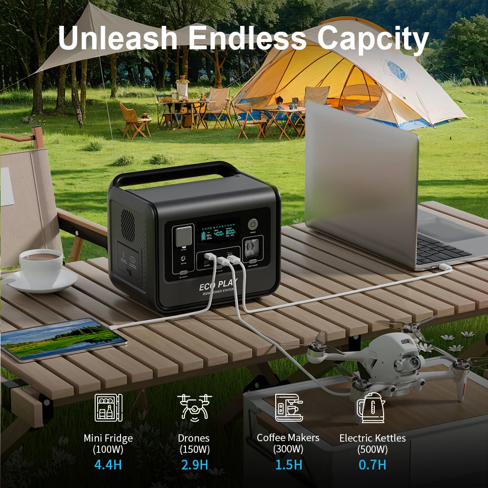 مصدر طاقة محمول Eco Play، EP800 512Wh، بطارية LiFeP04 مع منافذ تيار متردد 800 وات (1600 وات للتخييم في الهواء الطلق RV Home #2