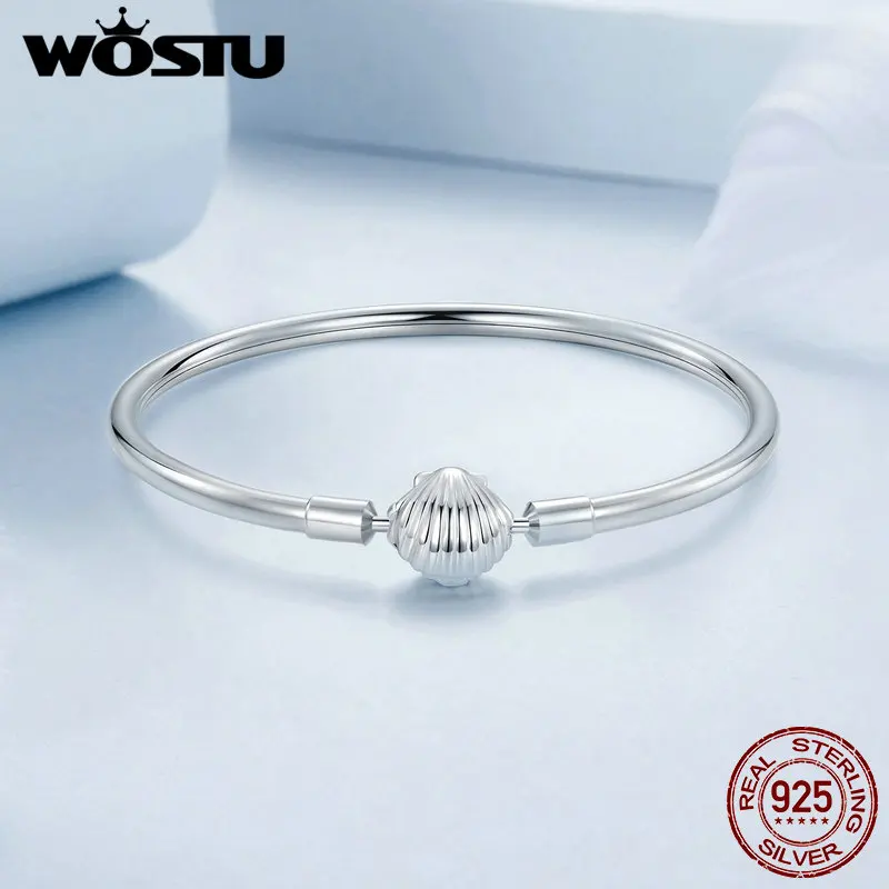 WOSTU 925 Sterling Silver Shell Basic Bracelet White Gold Plated for Women DIY Bracelet Bangel Fit beads Charms Fine Jewelry