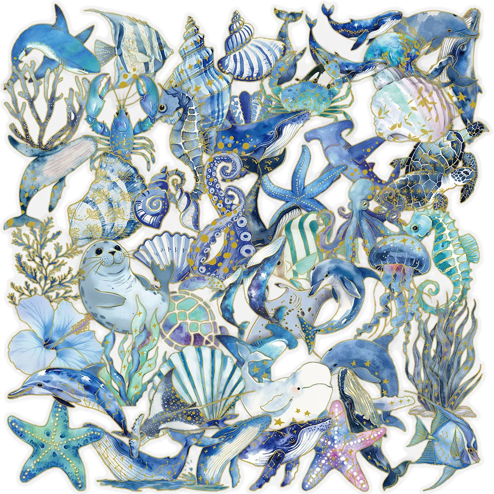 

50PCS Gold Plated Marine Life Graffiti Stickers Decorative Guitar Phone Cases DIY Luggage Laptop Waterproof Stickers