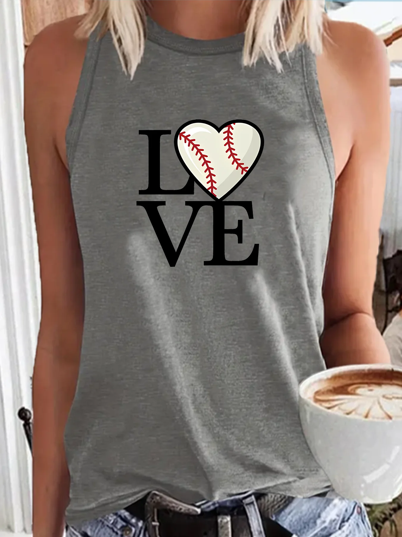 Love Baseball Heart Graphic Blouse Workout Fashion Funny Sports Women's Tank Top Loose O Neck Sleeveless Casual Tank