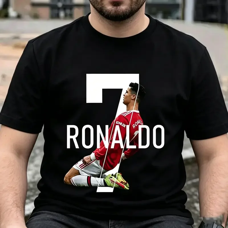 Men's CR7 #7 Ronaldo Football Graphic T-Shirt – Casual Cotton Sporty Tee, Red Jersey Print, Soccer Fan Gift, Short Sleeve White Top for Men & Boys