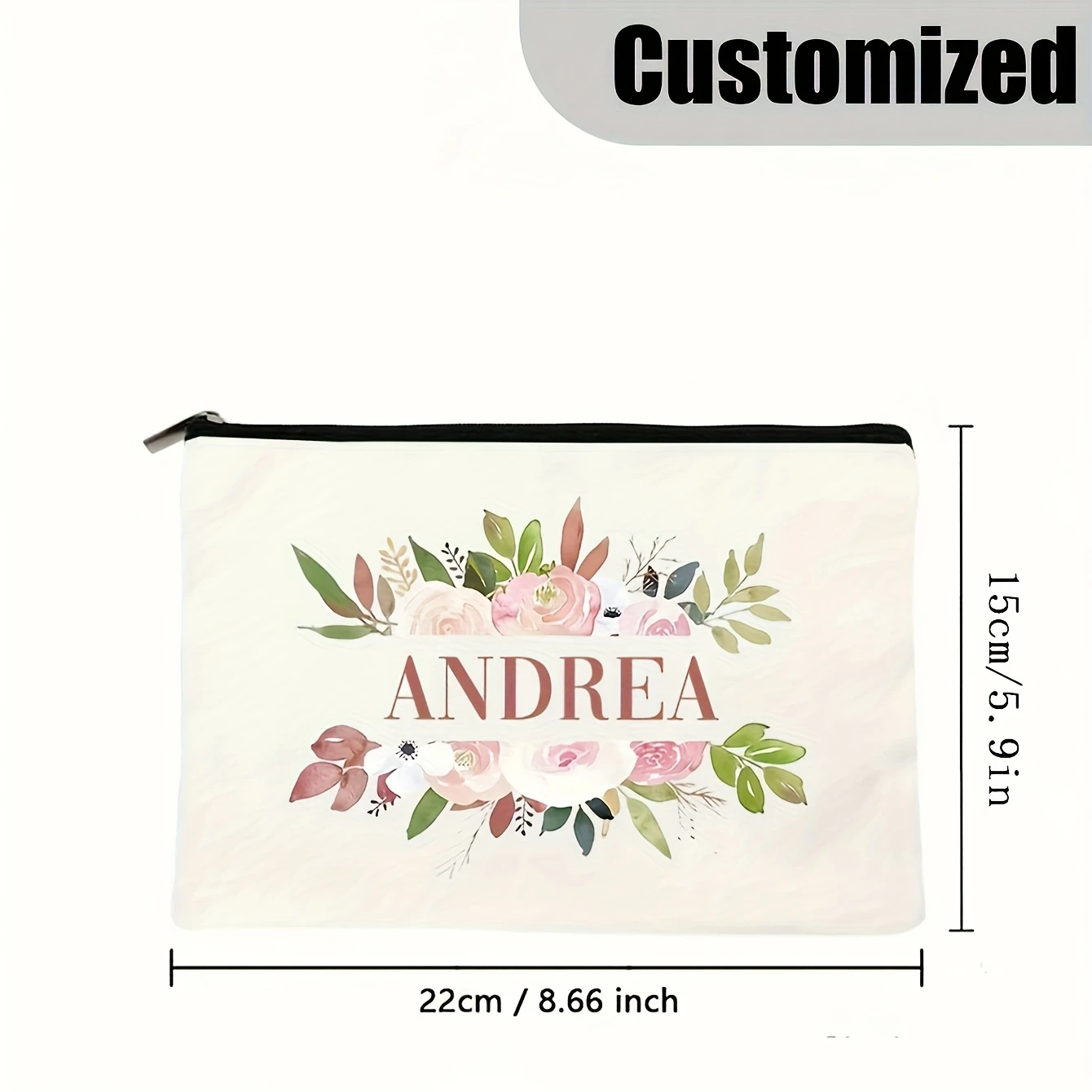 Custom Name Floral Polyester Makeup Bag Light Odorless Zipper Travel Pouch Bachelorette Daily Gift