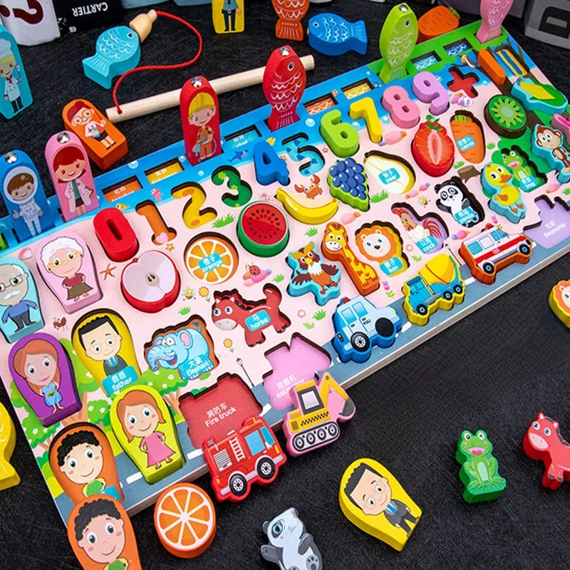 QWZ Kids Montessori edukacyjne drewniane zabawki matematyczne dzieci zajęte tablica licz kształt kolory mecz Puzzle wędkarskie zabawki edukacyjne prezenty — zdjęcie 2