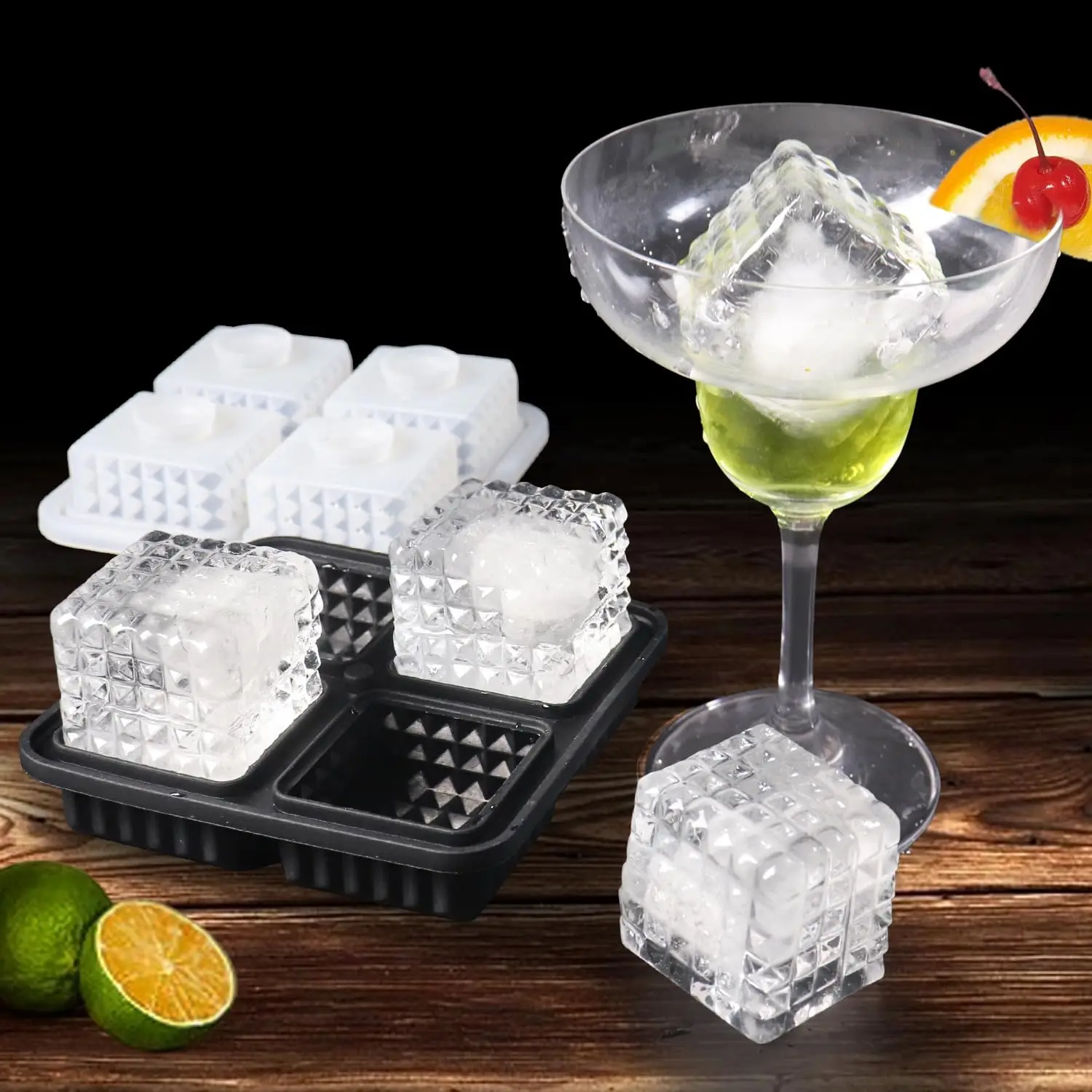 Large Square Crystal Prism Ice Cube Mold Fun Shapes Silicone Ice Mold with Clear Funnel-type Lid for Whiskey Cocktails and Juice