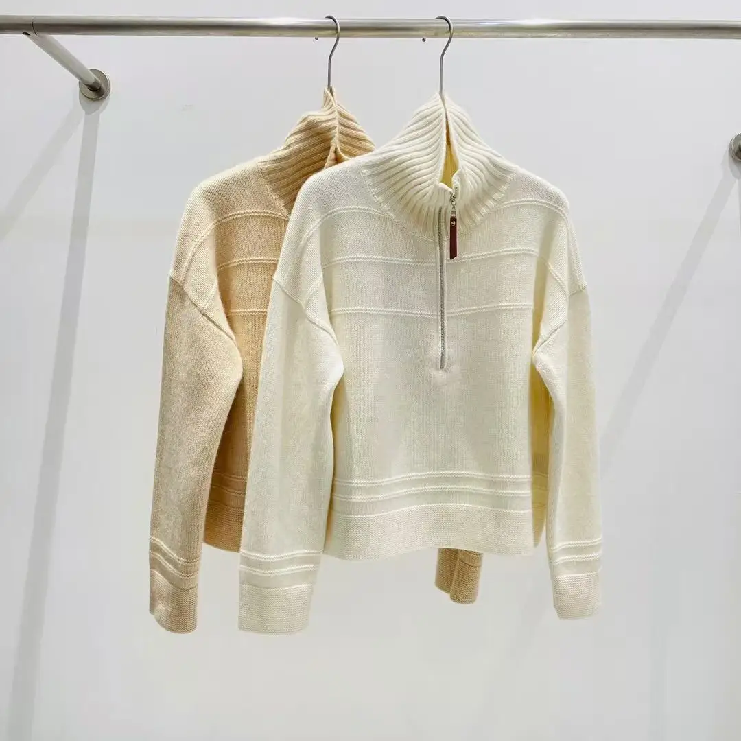 Elegant graceful half-open zipper pure cashmere sweater