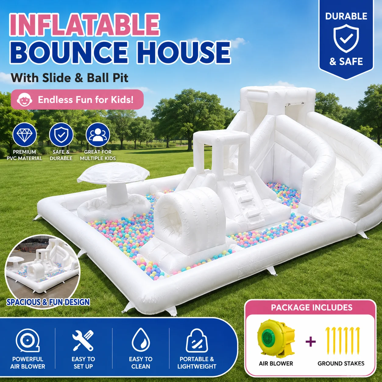 Cool Summer Inflatable Water Park Combo with Splash Mat Slides and Ball Pit Commercial Grade White Wedding Bounce House