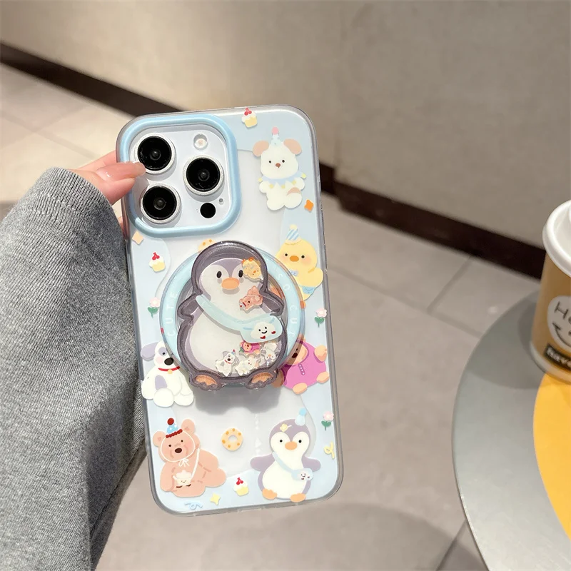 

Kawaii Cartoon Penguin Magnetic stand phone case for iPhone 16 Pro 14 15 Pro Max covered with cute case for Magsafe holder