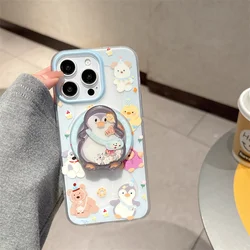 Kawaii Cartoon Penguin Magnetic stand phone case for iPhone 16 Pro 14 15 Pro Max covered with cute case for Magsafe holder