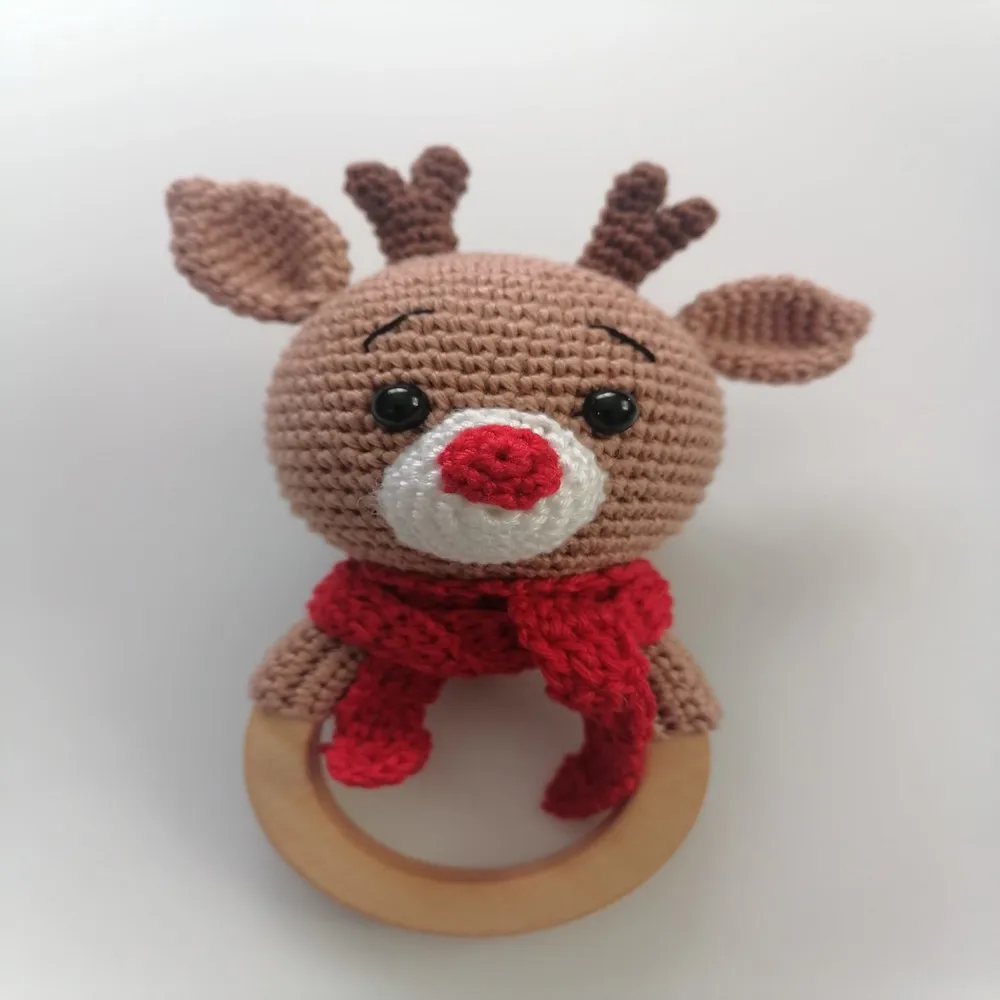 Gift For Christmas Newborn Double Set Deer Figure Handmade Baby Knitted Crochet Shoes Rattle Healthy