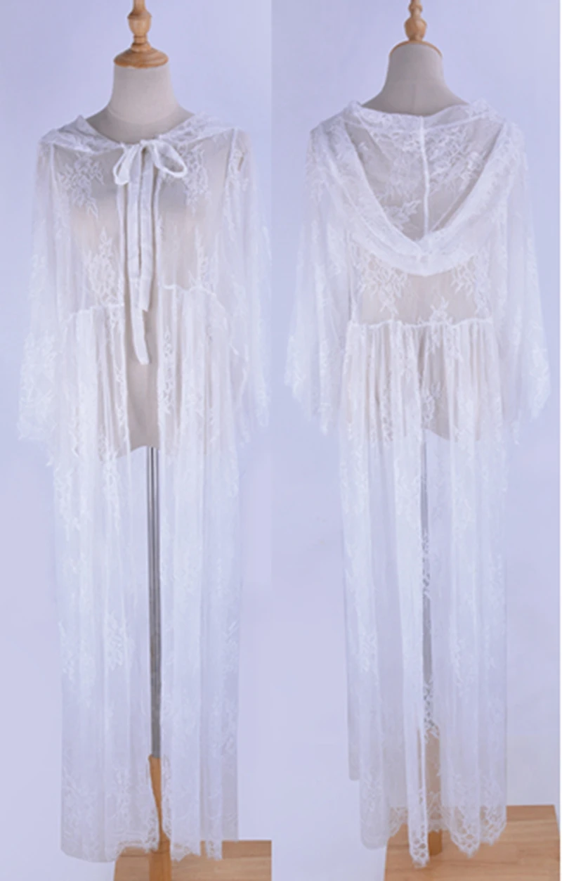 Kapuze transparente Spitze Strand vertuschen lange Strickjacke Frauen Bade bekleidung Strand kleid Kaftan Badeanzug Vertuschungen Badeanzug Beach wear Tunika