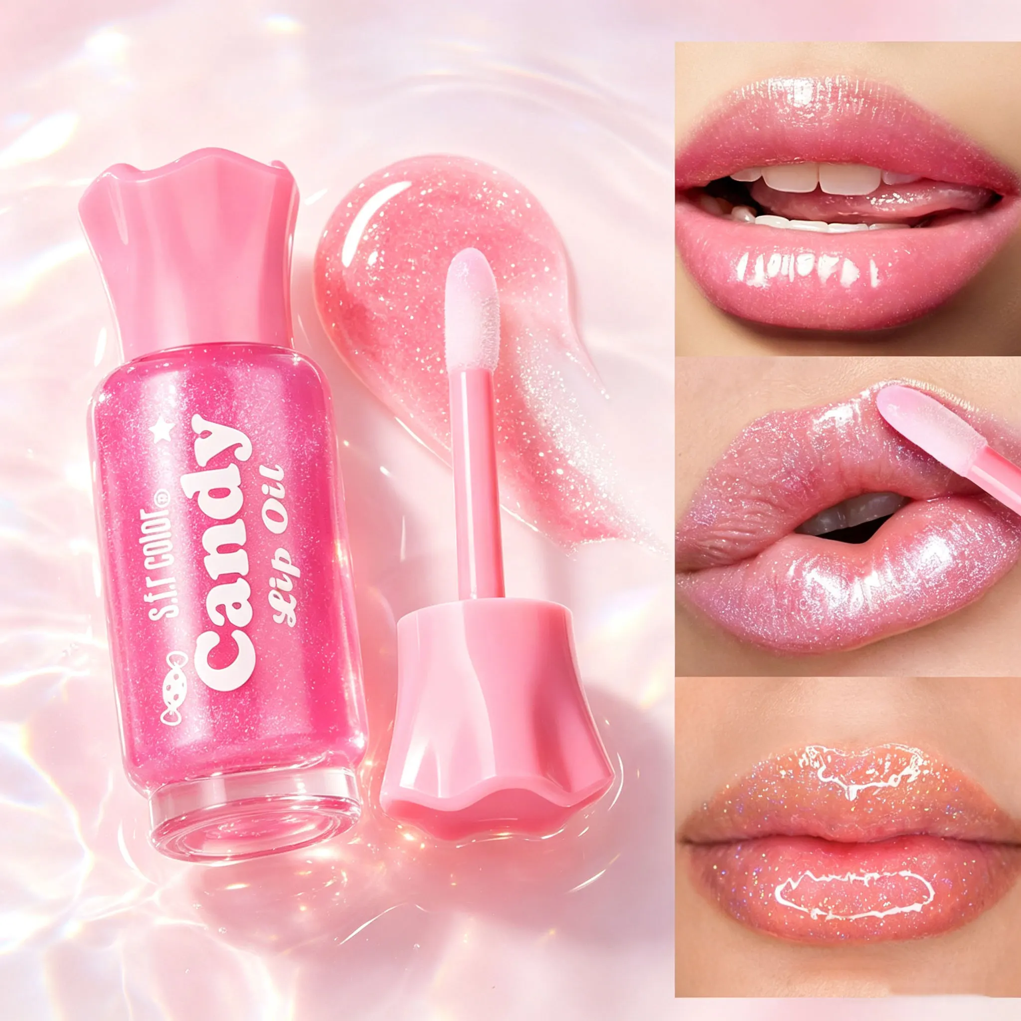 Candy Shape Shimmer Lip Oil, Hydrating Glitter Plumping Lip Gloss, Transparent Shiny Moisturizing Non-sticky Lip Makeup for Daily Party