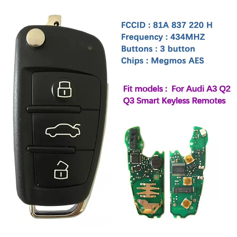 CN008076 Original Flip Key for Audi A3 Q2 Q3 3 Buttons OEM Remote 434Mhz megmos AES Chip Keyless Go FCC 81A 837 220 H