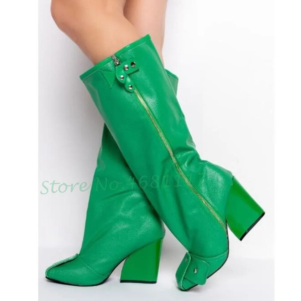 Green Knee High Chunky Heels Boots Women Patchwork Metal Decorate Side Zipper Long Boots Fashion Splicing Shoes Women Half Boots