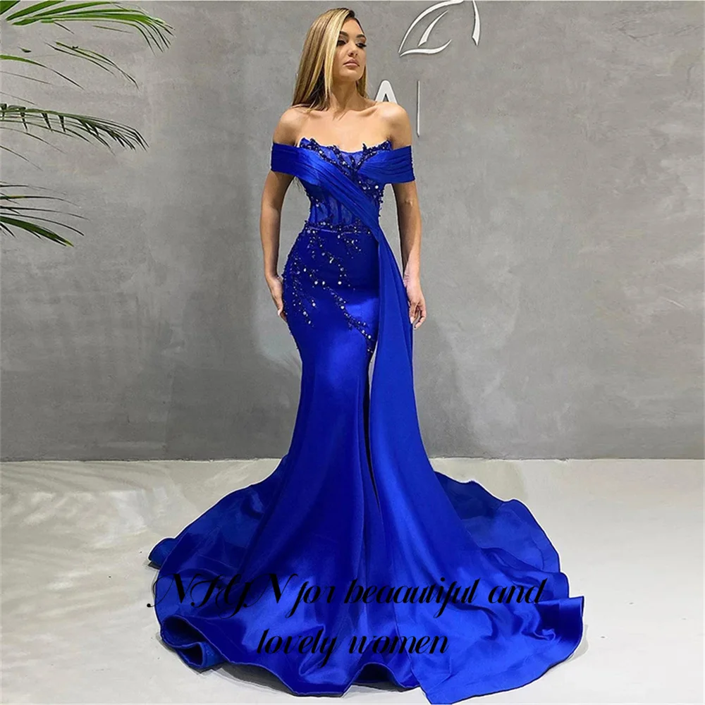 

NFYN Royal Blue Mermaid Evening Gown Beading Sequin Glitter Elegant Prom Dress Off The Shoulder Wedding Evening Dress Customized