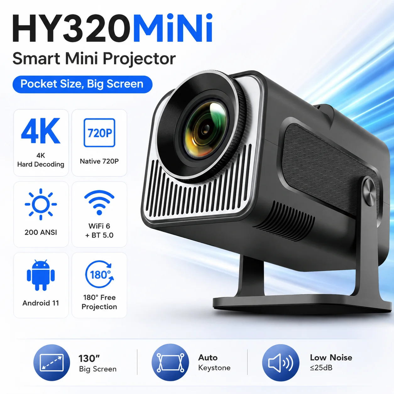 Mini-Projektor HY320 Android 11 Smart Bone, WiFi6 Dual-Band, BT 5.0, stabile Verbindung, Telefonbildschirmspiegelung, geräuscharm ≤ 25dB, LCD-Projektor