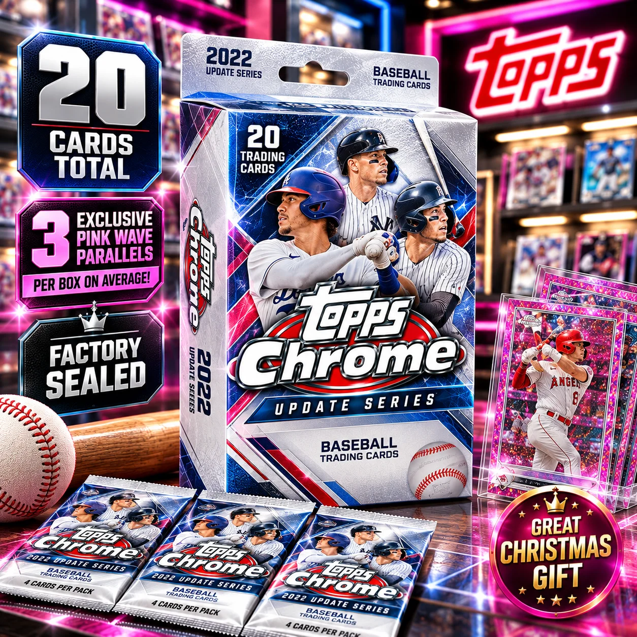 20 Cards 2022 Topps Chrome Update Series Baseball Hanger Box, Factory Sealed Baseball Trading Cards, Look for 3 Exclusive Pink Wave Parallels per Box on Average, Sports Card Collectibles for Trading, Pack Opening, Christmas Gifts & Holiday Gift Giving