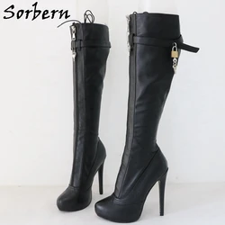 Sorbern BDSM Lockable Zipper Knee High Boots For Women Platform Fetish Buckles Strap Shoes Ladies High Heels Custom Wide Fit