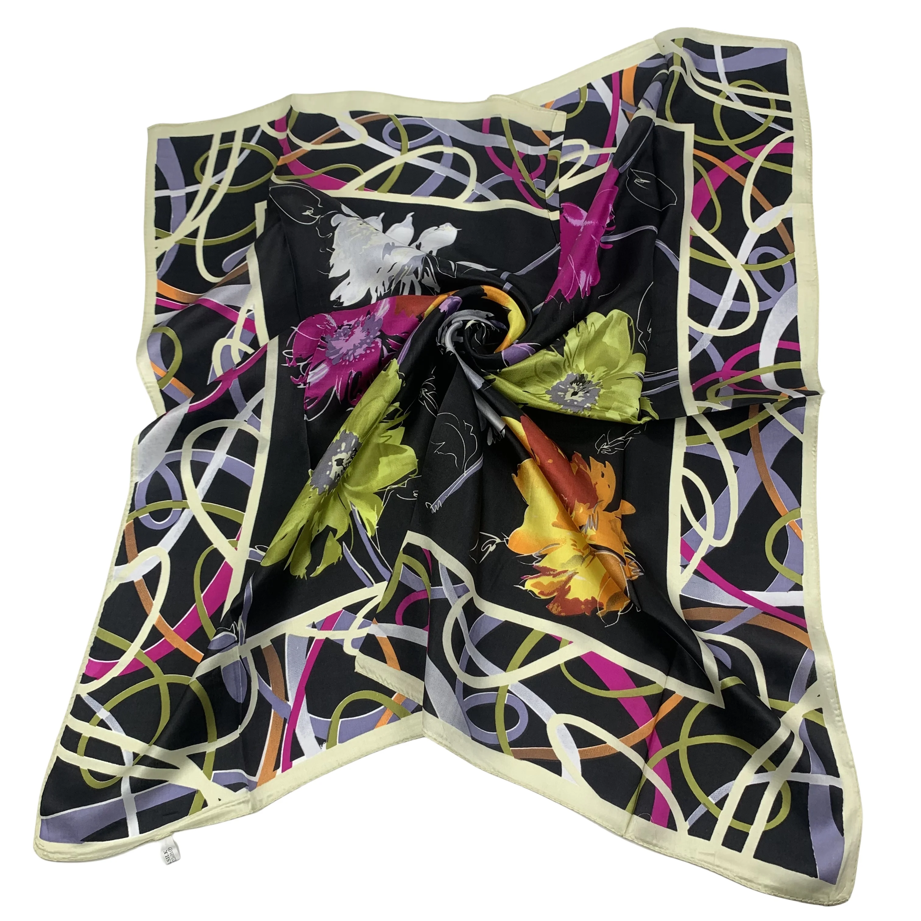 

wholesale 100% pure silk scarves scarf mulberry silk design scarf Luxury Brand hibiscus rosa sinensis black and white