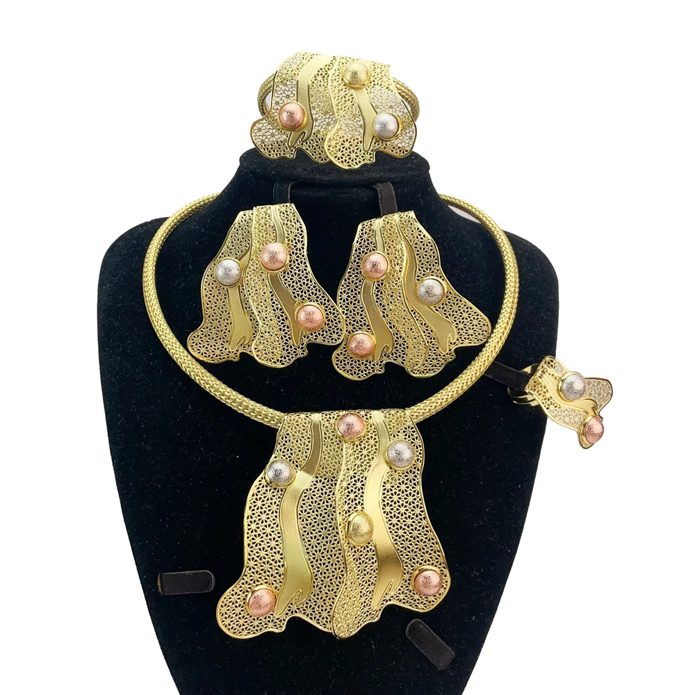 

Brazilian Gold Plated Jewelry Set Women Wedding Party Accessories Women Necklace Earring Bracelet Ring Full Jewelry Set FHK20796