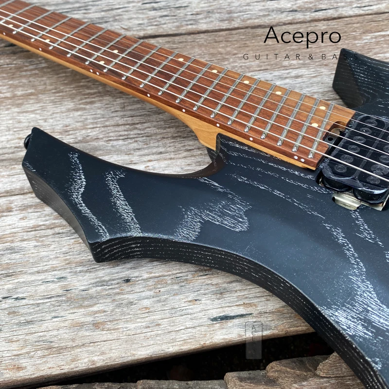 Acepro New Pro Headless Electric Guitar, Satin Black Ash Body, Jumbo Stainless Steel Oblique Frets, Reinforcement in the Neck