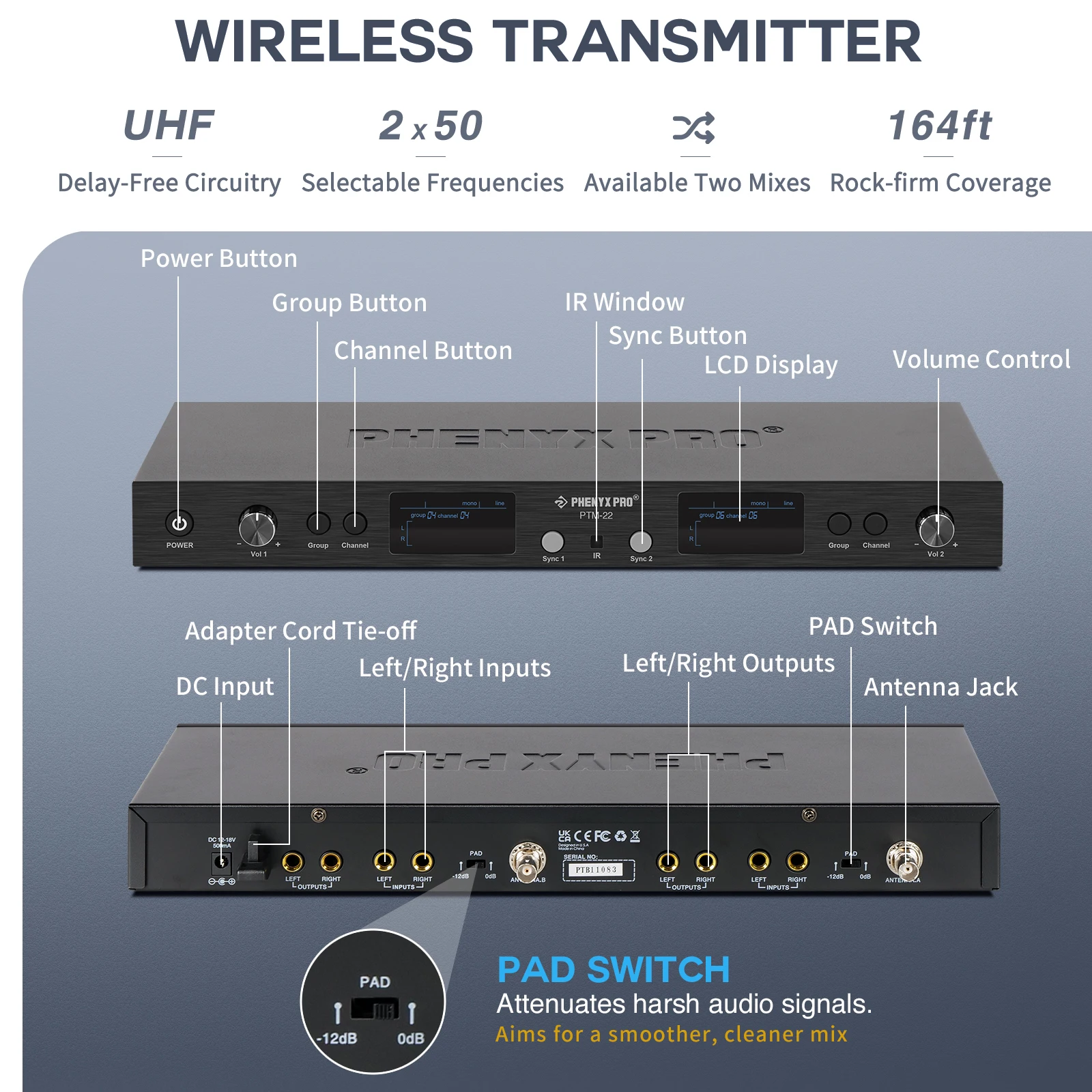 Phenyx Pro PTM-22 UHF Mono Dual In Ear Monitor Wireless System with Rackmount Kit Left/Right Outputs 2X50 Frequencies500/900MHz