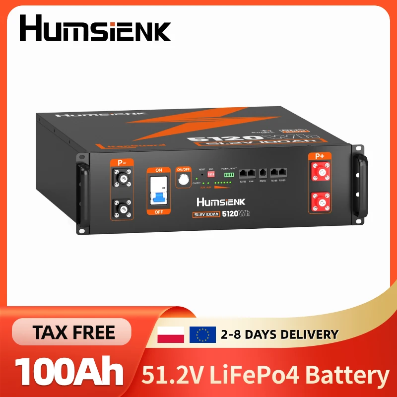 Batterie solaire au lithium LiFePO4 Humsienk 48V 100Ah, prise en charge de la communication avec l'onduleur, BMS 100A intégré avec Bluetooth, Max. Puissance de sortie de 5120 W, plus de 15 000 cycles, idéal pour le stockage d'énergie solaire, hors réseau, alimentation de secours