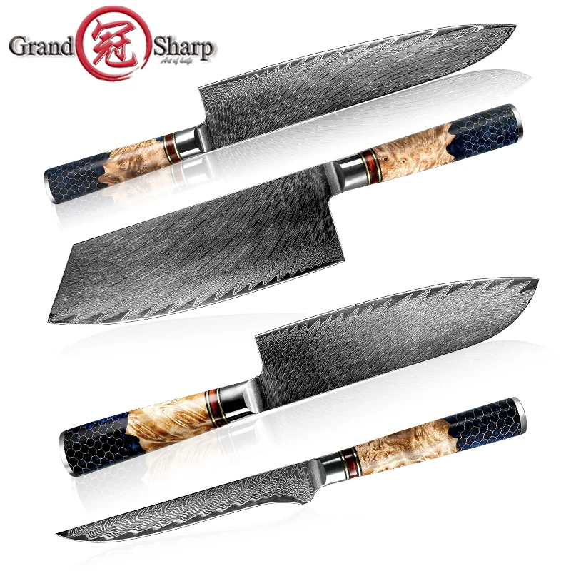 Damascus Knife Set  Japanese Steel Chef Kitchen Knives Santoku Paring Boning Bread Knife Butcher Tools Honeycomb Handle NEW