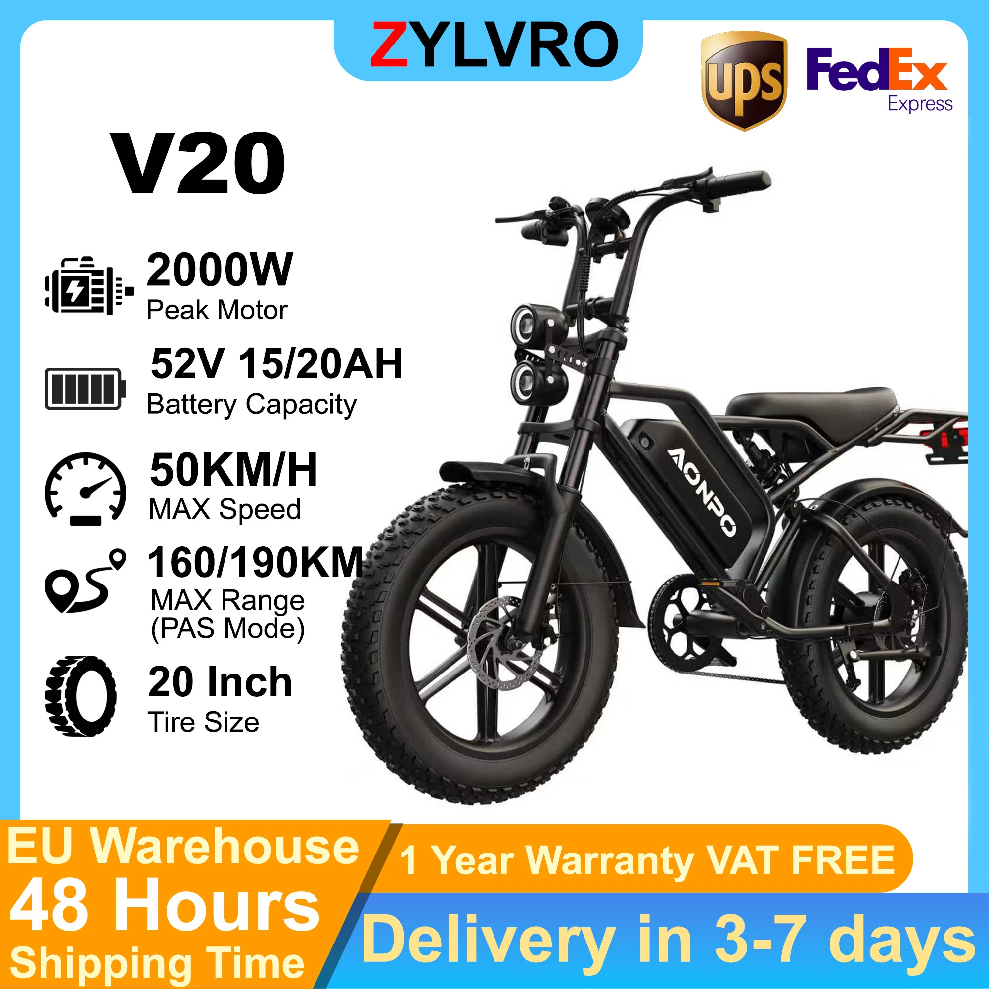 2026 EU NEUES POWBEN V20 Elektrofahrrad 2000W Motor 50km/h Höchstgeschwindigkeit 52V 15Ah Batterie 20×4.0 Reifen 7-Gang SL-TX30-7R Schalthebel Erwachsenen-E-Bike