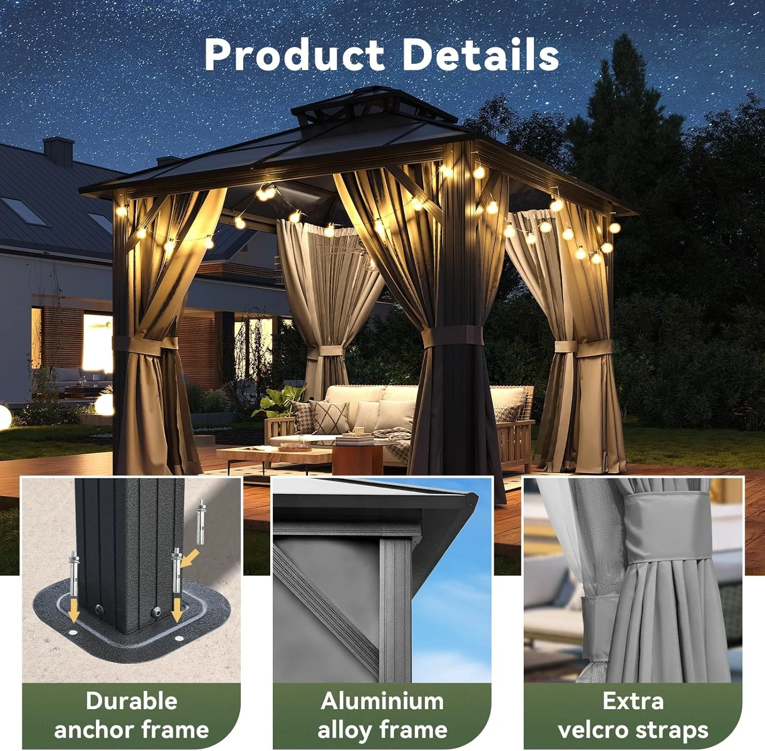 Nordivale 10x10FT Hardtop Gazebo Polycarbonate Double Top Aluminum Frame with Curtains and Netting Outdoor Sunshade Canopy for Patio Garden Backyard Gray view 4