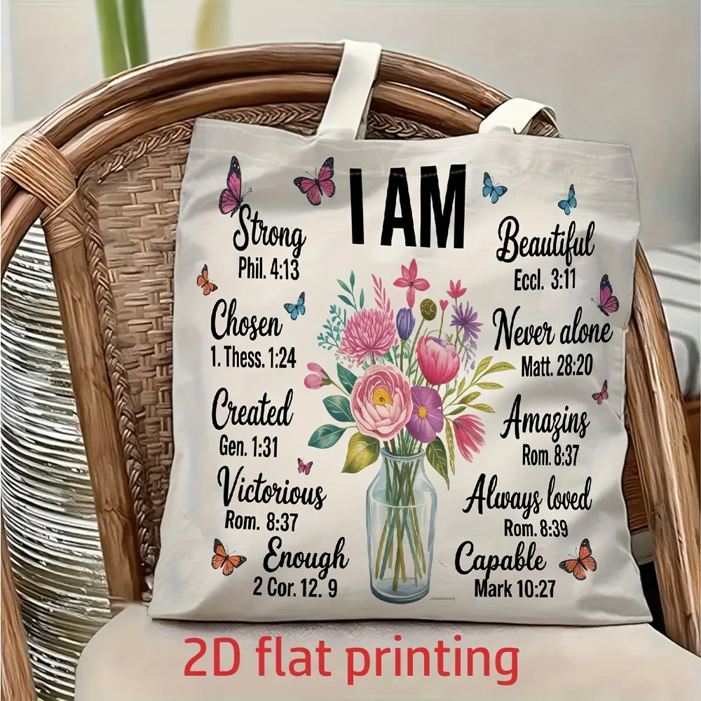 

1 Piece Christian Faith and Self-Affirmation Themed Floral Canvas Shoulder Bag, Lightweight Foldable Storage Tote Bag, Reusable Shopping Bag with Fixed Shoulder Strap, Perfect Gift for Commuting, Travel, Shopping, School, and Holidays