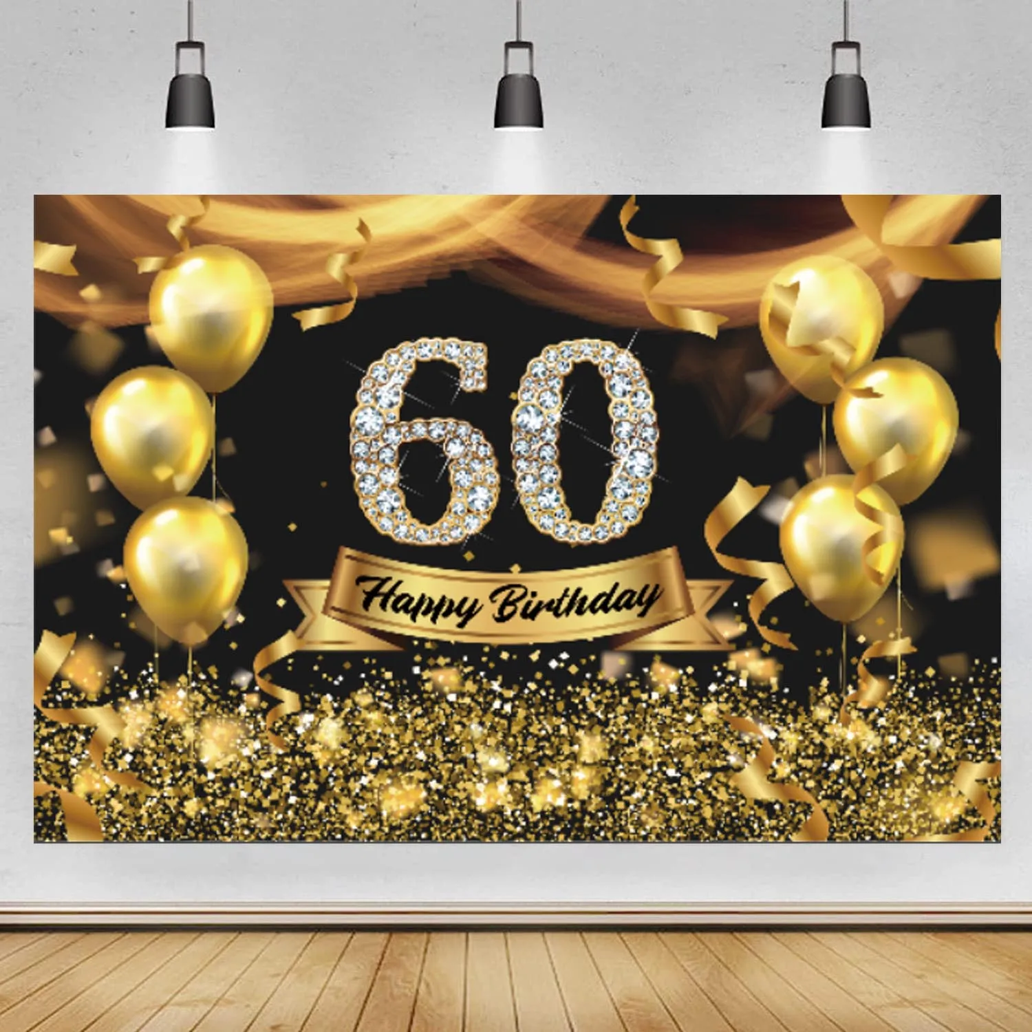 

60th Backdrop Gold Baloon Men Women 60 Years Old Birthday Party Custom Vinyl Photography Background Photo Booth Studio Banner