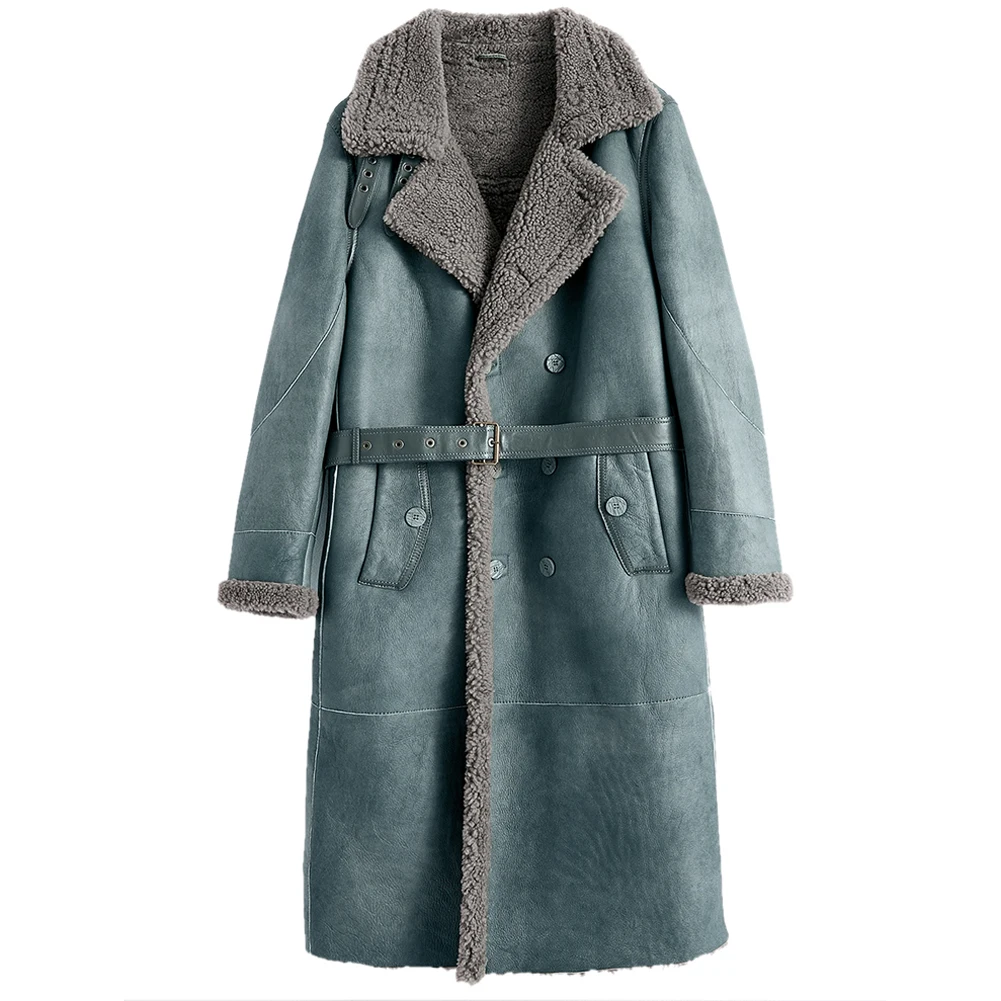 Denny&Dora Mens Sheepskin Shearling Jacket B7 Leather Jacket Long Style Fur Coat Casual Haze Blue Overcoat